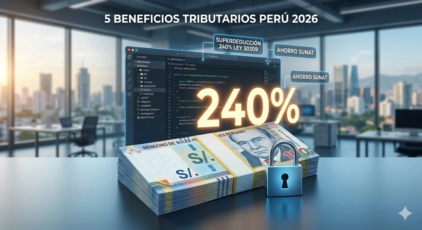 Beneficios tributarios Ley 30309 Perú 2026, deducción del 240 por ciento en impuesto a la renta por inversión en desarrollo de software.