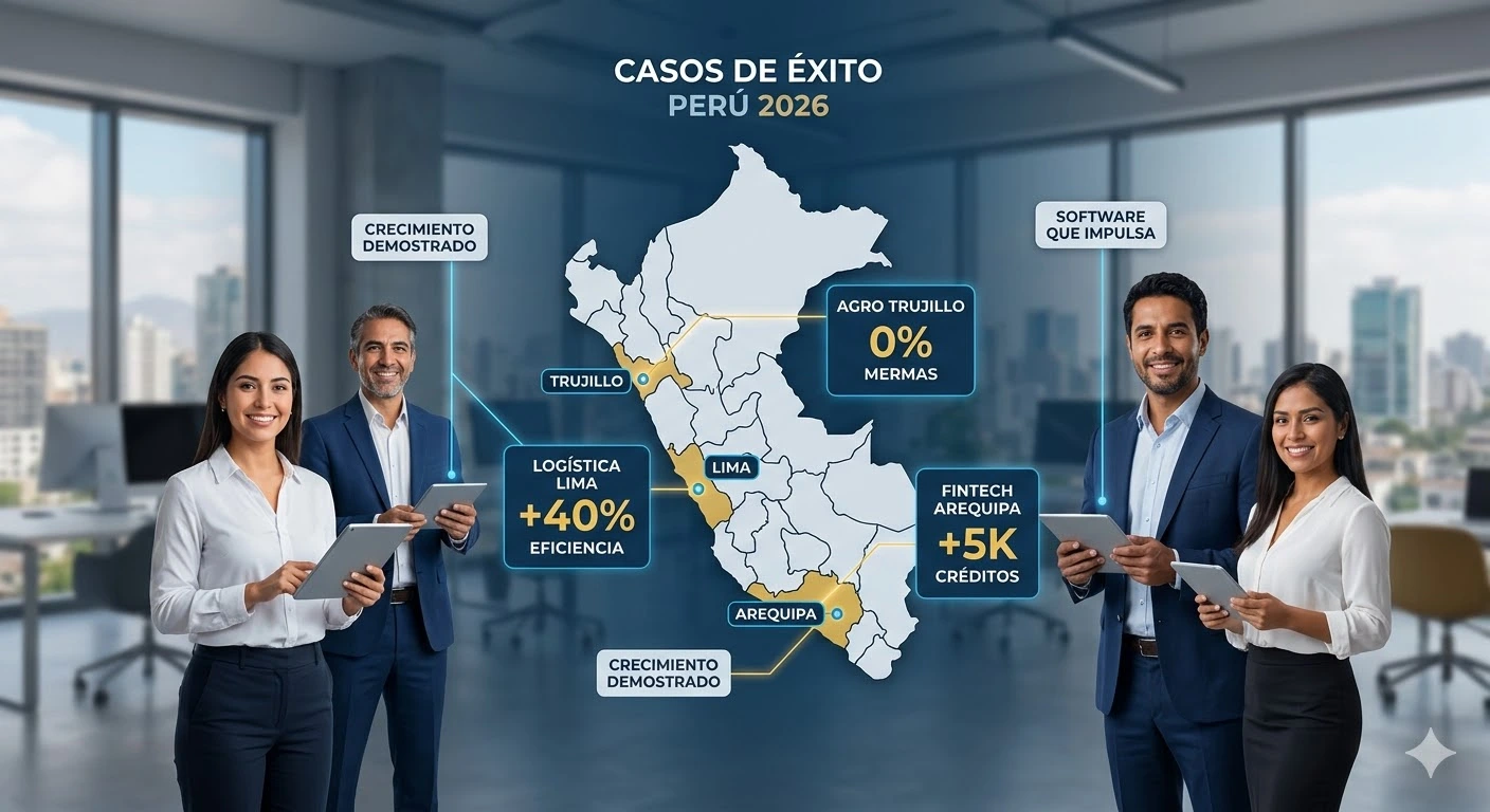 Casos de éxito de transformación digital en Lima Arequipa y Trujillo, mapa de Perú con indicadores de crecimiento por software personalizado.