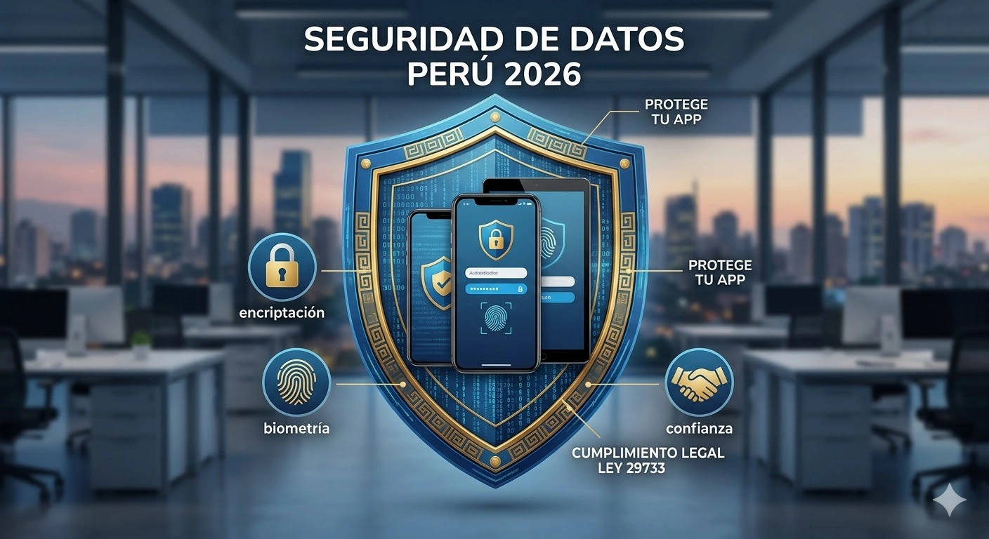 Ciberseguridad y protección de datos personales Ley 29733 en Perú, escudo digital protegiendo aplicación móvil corporativa.