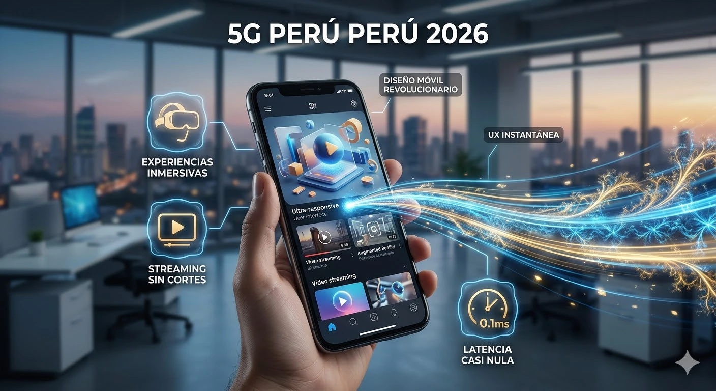 Diseño de aplicaciones móviles para red 5G en Perú, interfaz de usuario ultra rápida con realidad aumentada y baja latencia.