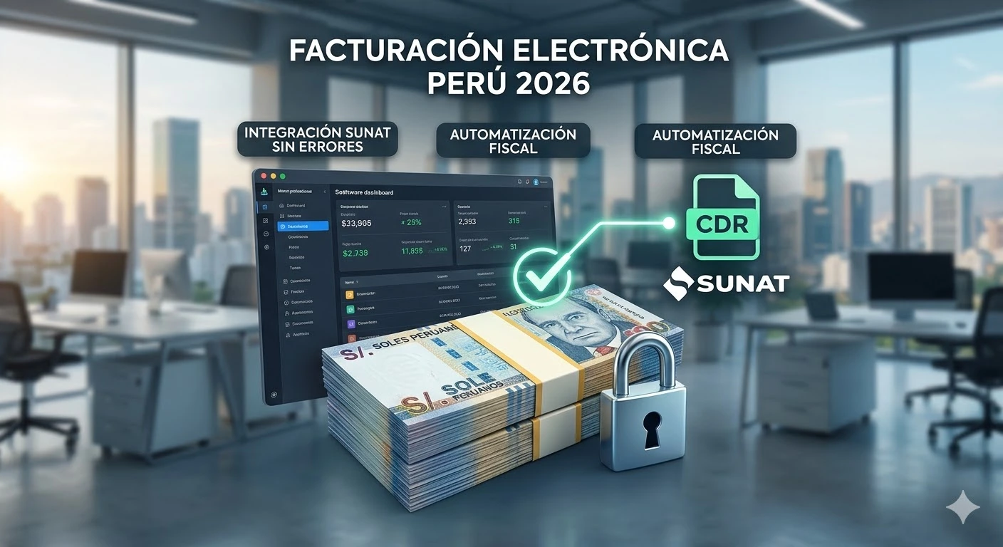 Integración de facturación electrónica SUNAT en software a medida, automatización de comprobantes de pago digitales para empresas peruanas.
